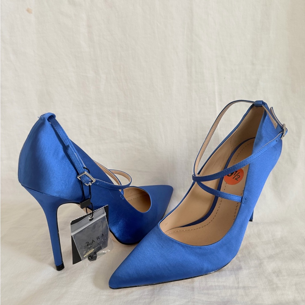 NWT Zara Blue Satin Pointed-Toe Stiletto Pumps with Ankle Straps, sz 40